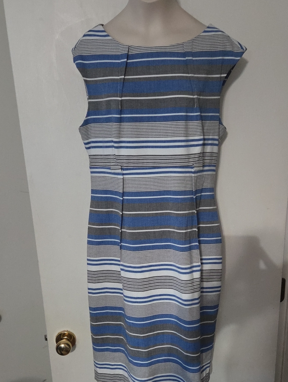 Calvin Klein Striped Blue, Gray and White Midi Sheath Dress